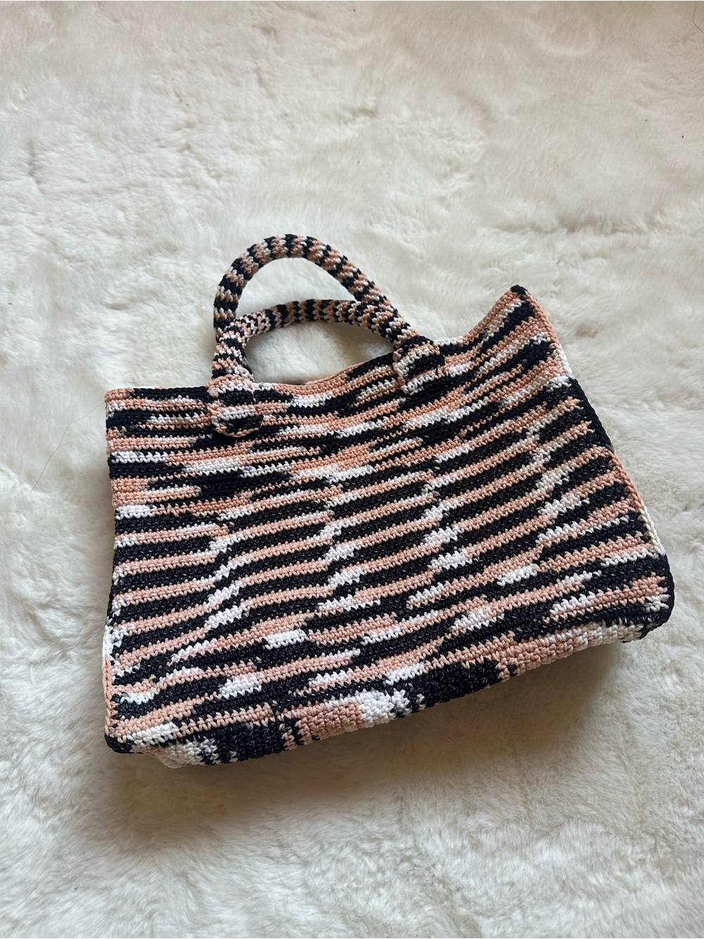 Hand Woven Striped Crochet mini Tote Bag in Black, Pink & White